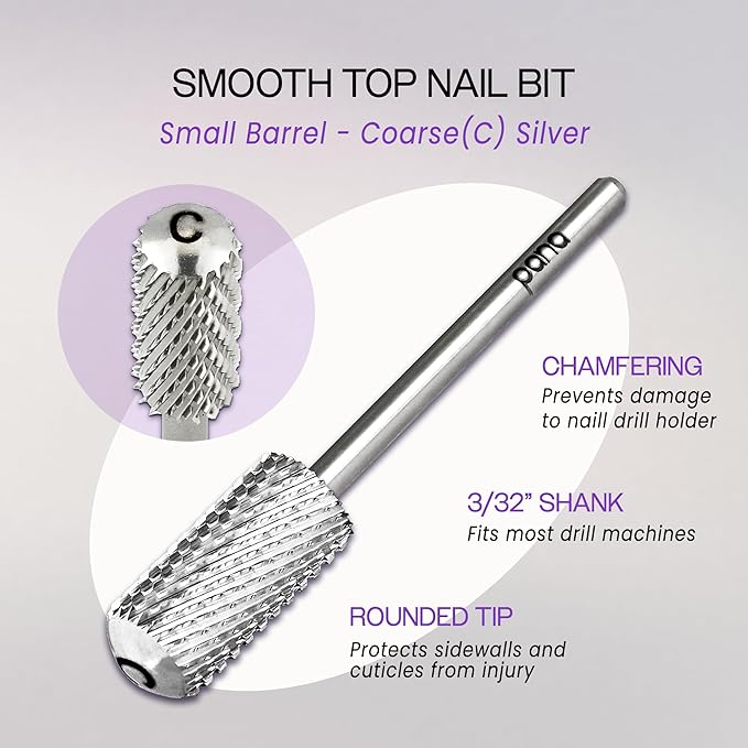 PANA 3/32" Small Smooth Round Top Safety Carbide Nail Drill Bit for Gel Polish & Acrylic Removal Nail Salon Manicure Pedicure Electric File Tools (Small Barrel - Silver, Coarse)