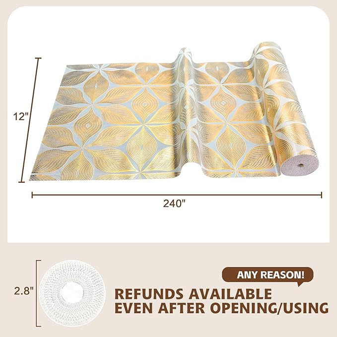 Drawer and Shelf Liner for Kitchen Cabinet,Non-Adhesive Waterproof Drawer Liner for Dresser & Bathroom Vanities with Adhesive Dots & Cutting Tool(24 in X 30 Ft Gold Leaf Pattern)