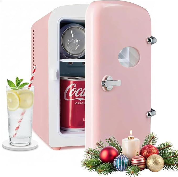 HealSmart Mini Fridge Portable 6 Liter/9 Can with Observation Window, Cooler&Warmer Small Desk Compact Refrigerator for Skin Care, Cosmetics, Beverage, Food in Bedroom, Car, Office, Dorm, Pink