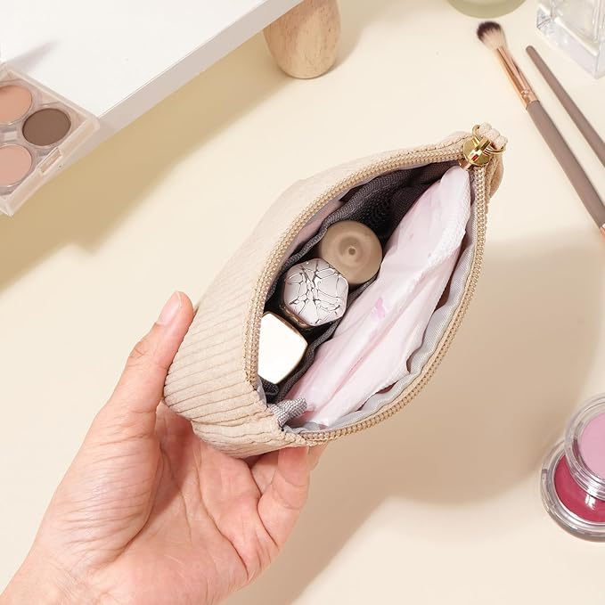 MAGEFY Mini Makeup Bag, Cute Small Makeup Bag for Purse Corduroy Cosmetic Bag for Women with Slip-in Pockets Travel Purse Essentials Lipstick Bag (Beige,Mini)