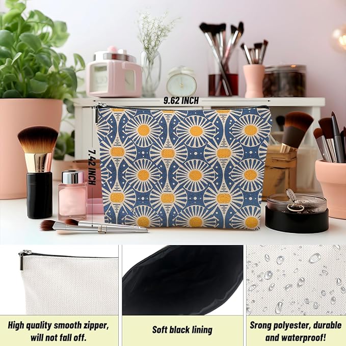 Vintage Boho Print Makeup Bag for Women, Sunset Leaf Aesthetic Cosmetic Bags, Retro Geometric Floral Make up Bags Gifts for Women Sisters Friends, Boho Large Capacity Canvas Makeup Zipper Pouch