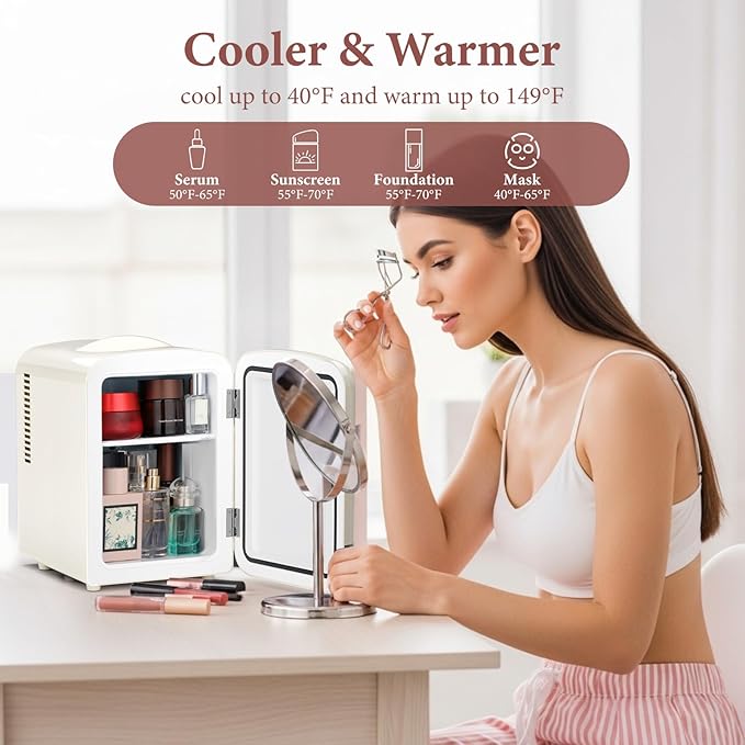 Xbeauty Retro Mini Fridge, Compact Refrigerator with 4L Capacity/6 Cans，Cooler & Warmer, Removable Shelf for Skincare, Beverages, Cosmetics, Perfect for Dorm, Bedroom, Cream