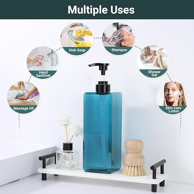 Suream 33.8oz/1000ml Lotion Dispenser, 3PCS Blue Refillable Shampoo and Conditioner Bottles with Labels, Square Soap Dispenser Set for Essential Oil Lotion Shampoo
