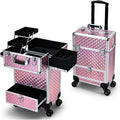 Rolling Makeup Case with Drawer Cosmetology Case on Wheels Makeup Trolley Sliding Drawer Makeup Travel Case for Esthetician, Mobile Stylist, Manicurist Barber Case Traveling Cart Trunk Glitter Pink