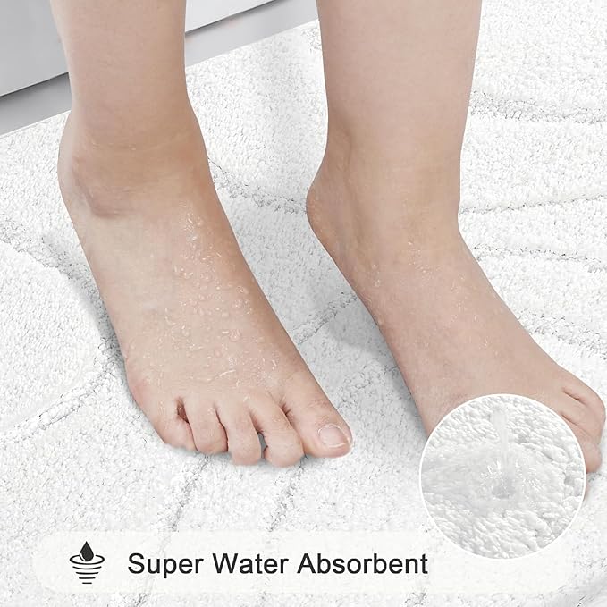 HEBE Bathroom Rugs Sets 5 Piece, Soft Absorbent Microfiber Bath Mat for Bathroom, Non Slip Washable Bath Rug Set with Toilet Cover, Bath Runner and U-Shaped Contour Toilet Rug, White