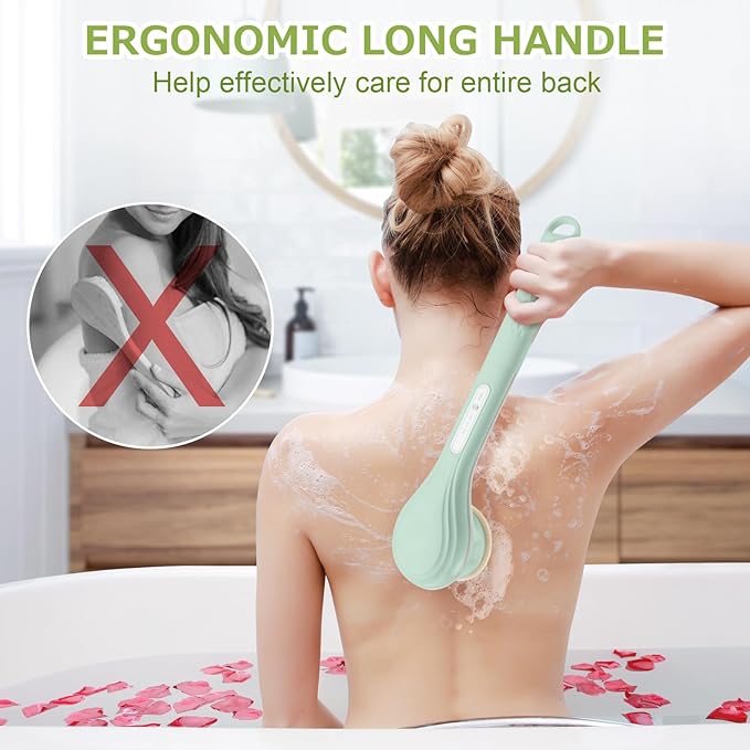 LINGSFIRE Electric Body Bath Brush, Rechargeable Back Scrubber for Shower, Long Handle Exfoliating Bath Brush for Shower, Lotion Applicator for Back, Silicone Body Scrubber with 6 Shower Brush Heads
