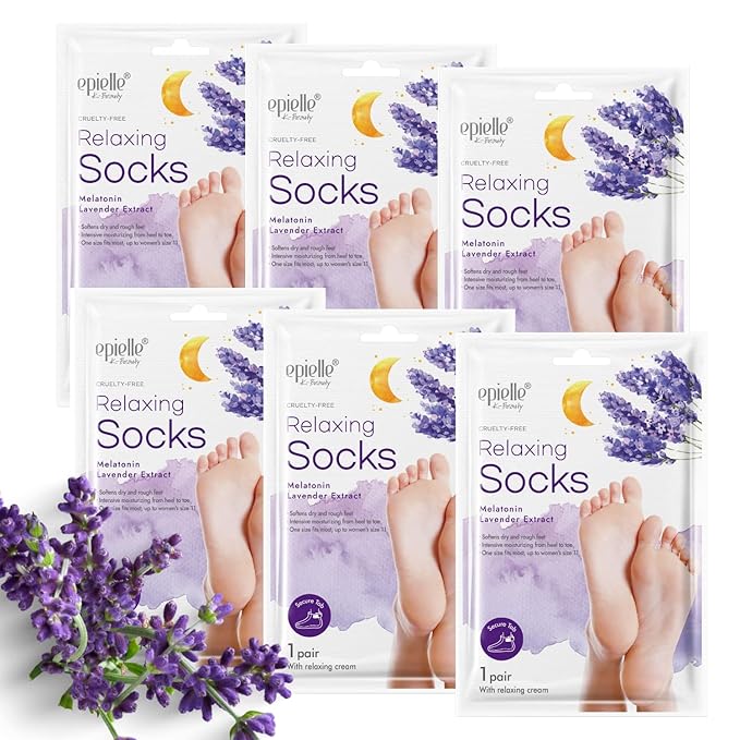 Epielle Relaxing Foot Mask 6 Pairs, Soften and Restore with Melatonin & Lavender Extract, Deep Moisturizing Socks for Dry, Cracked Feet, Self Care Gifts for Women, Spa Kit, Easter Basket Stuffers