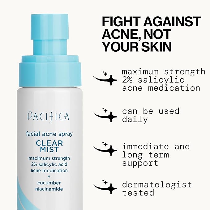 Pacifica Facial Spray for Acne Treatment - Clear Face Mist Acne Spray w/ 2% Salicylic Acid Niacinamide & Aloe - Acne Cleanser - Targets Bacteria for Teens & Adults Vegan Clean Dermatologist Tested