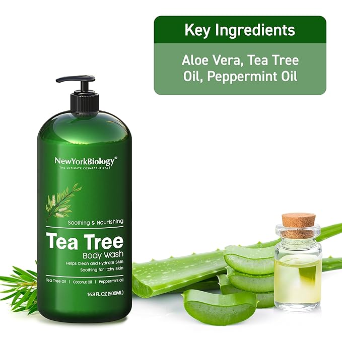 New York Biology Tea Tree Body Wash for Men and Women - Moisturizing Body Wash Helps Soothe the Skin - Refreshing and Hydrating Cleanser for Body and Feet - 16.9 Fl Oz