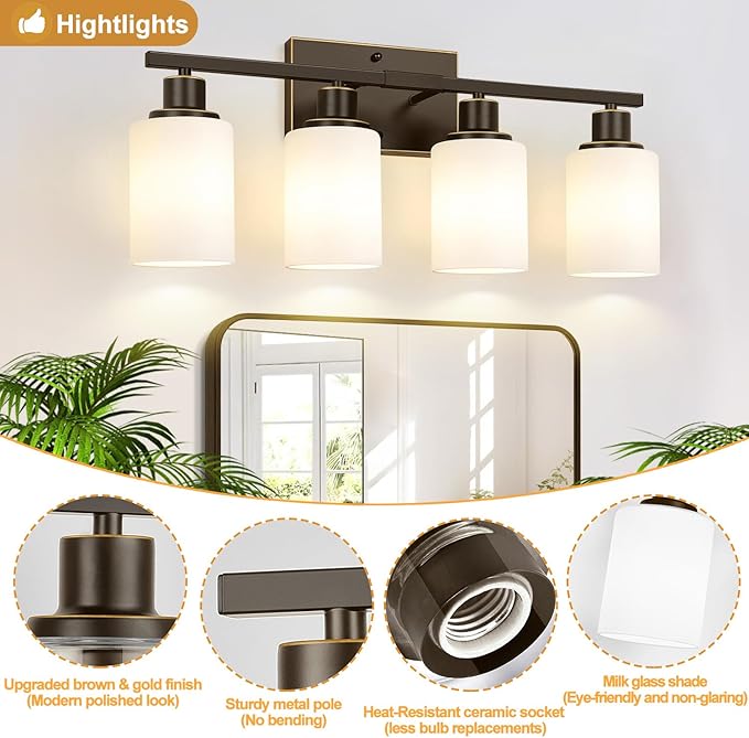 4-Light Bathroom Light Fixtures, Brown and Gold Vanity Lights with Milk Glass Shades, Modern Bathroom Wall Lamp for Mirror Living Room Bedroom Porch