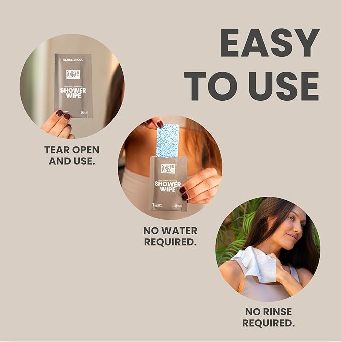 Super Fresh Shower Wipes Large Sandalwood Body Wipes for No Rinse Bathing Personal Hygiene Gym Travel or Camping Enriched with Aloe and Vitamin E 20 Individually Wrapped Disposable Sheets