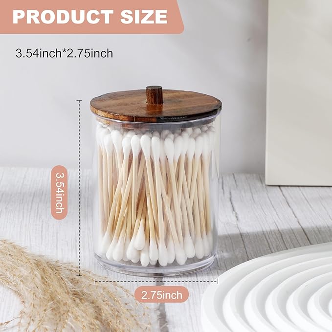 2 Pack Qtip Holder Dispenser with Wood Lids - 10 oz Clear Plastic Apothecary Jar Containers for Vanity Makeup Organizer Storage - Bathroom Accessories Set for Cotton Swab,Pads, Ball, Floss