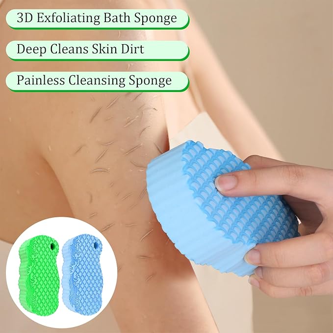 2Pcs Magic Exfoliating Bath Sponge, 3D Ultra Soft Deep Cleansing Body Sponge with Lanyard, Gently and Painlessly Removes Dead Skin & Impurities, Skin Friendly Reusable Sponges (Blue + Dark Green)