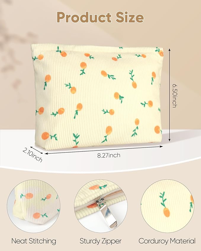 Cute Orange Beige Makeup Pouch for Women Small Make Up Fruit Pattern Bag for Purse Zipper Initial Makeup Cosmetic Bags Pouches for Purse Aesthetic Travel Toiletry Bags Gift