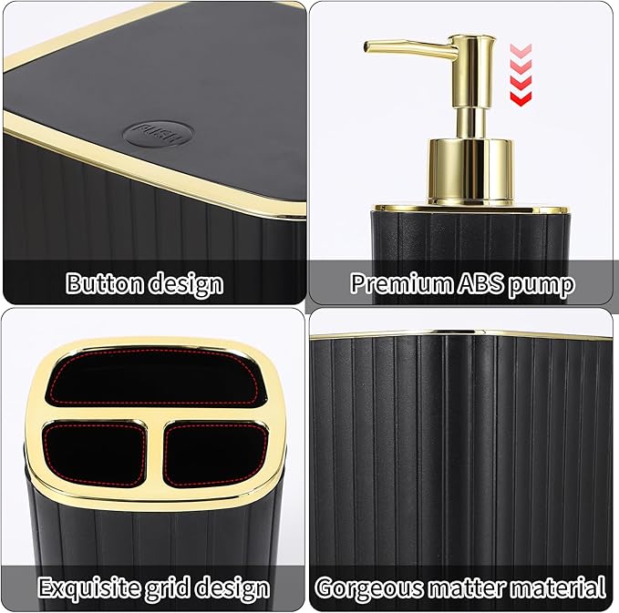 Bathroom Set with Shower Curtain and Rugs- 25PC Bathroom Accessory Set, Black Shower Curtain Set, Toilet Brush, Trash Can, Qtip Holder & Soap Dispenser
