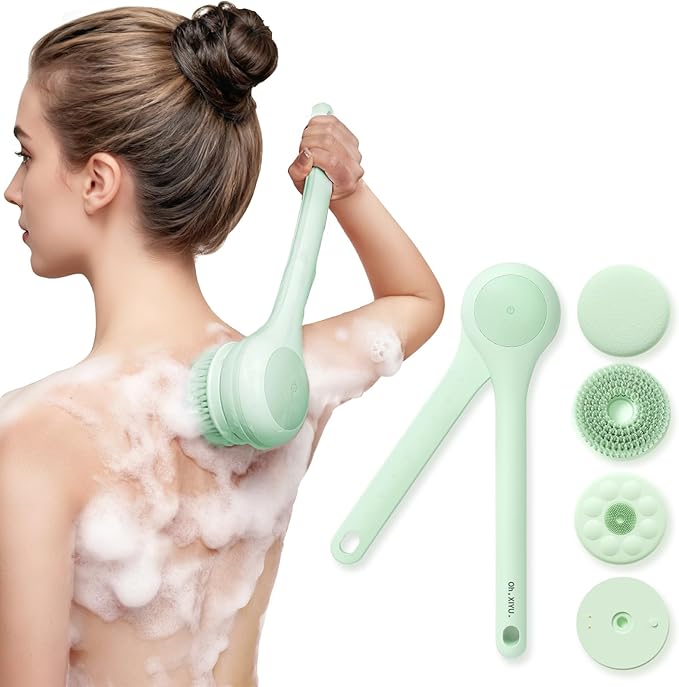 Electric Body Brush Back Scrubber for Shower, Waterproof Long Dual Handle Body Scrubber with 3 Heads, Bath Brush & 2 Speeds, for Cleansing, Exfoliating and Massaging Skin, Pale Cypress Green