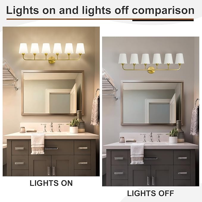 Bathroom Vanity Light, Brushed Gold Bathroom Light Fixtures, 6-Light Lighting Fixtures Over Mirror, Modern Wall Sconce with Flared White Fabric Shade, E26 Socket(ETL Listed)