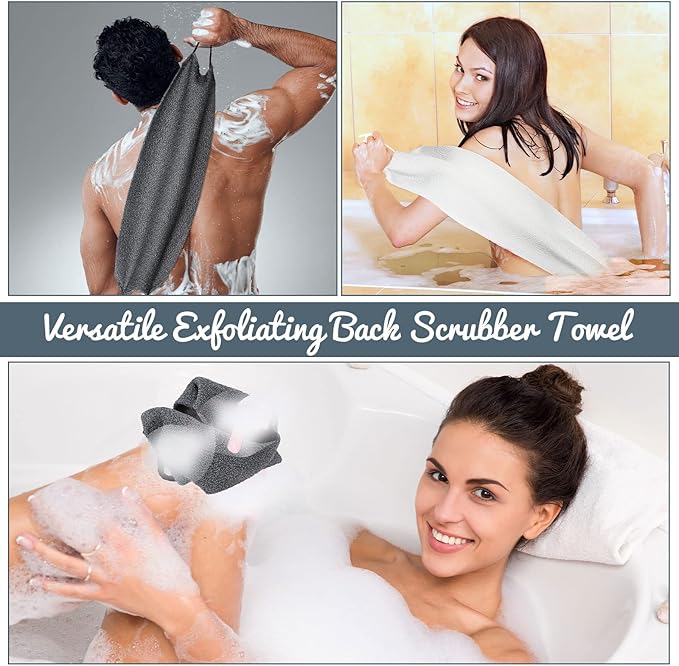 Back Scrubber for Shower Exfoliating Washcloth Back Cloth Body Extended Length Scrubber Towel Nylon Exfoliating Stretchable Pull Strap Wash Cloth for Bath Body Scrub Washcloth 2 Pack (Gray,White)