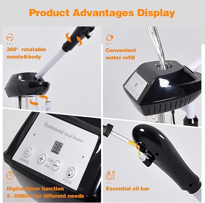 Facial Steamer Professional on Wheels with Time Setting, Estheticians Steamer with More Steam for Deep Cleansing and Hydration, Face Steamer Adjustable Height for Spa, Salon and Home Use