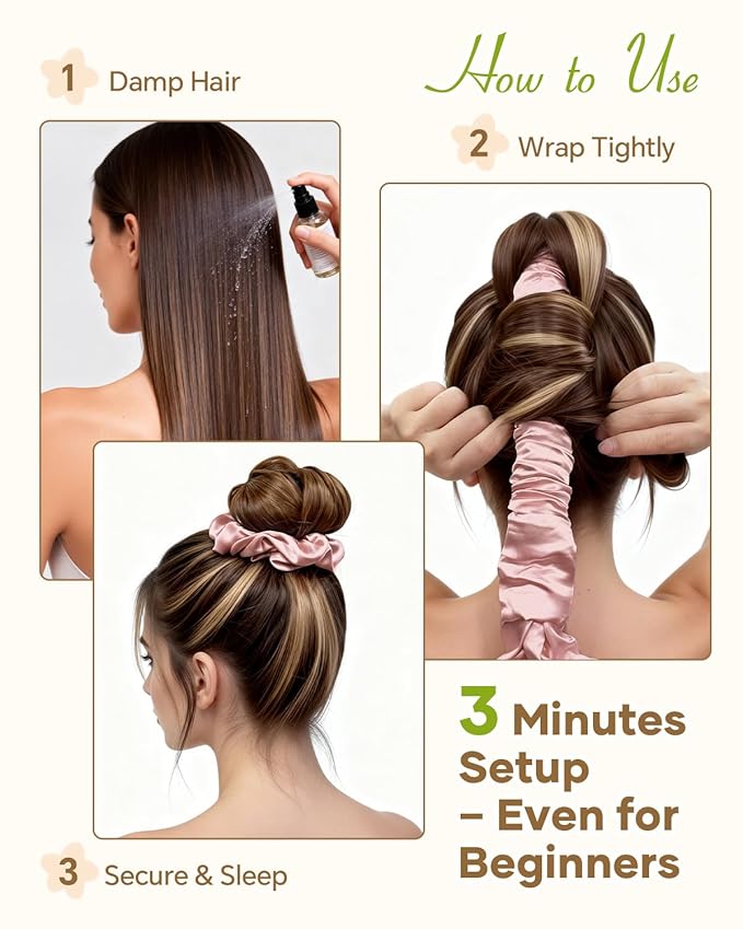 BONNET QUEEN Satin Heatless Hair Curler, Overnight Curls for Long Hair, ultra soft Heatless Curling Rod & 2 Scrunchies,Damage-Free Styling, Soft Hair Curlers for Overnight Use(Rose Gold)