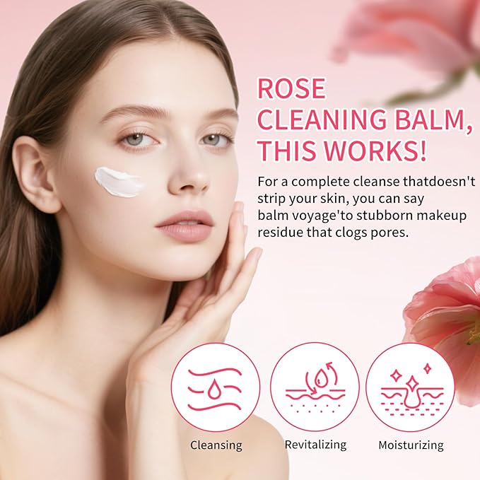 Makeup Remover & Cleansing Balm, Rose Makeup Melting Remover, Gentle and Nourishing Cleansing Balm for Eyes, Lips, Face, Sensitive Skin, Deep Cleanse & Moisturize