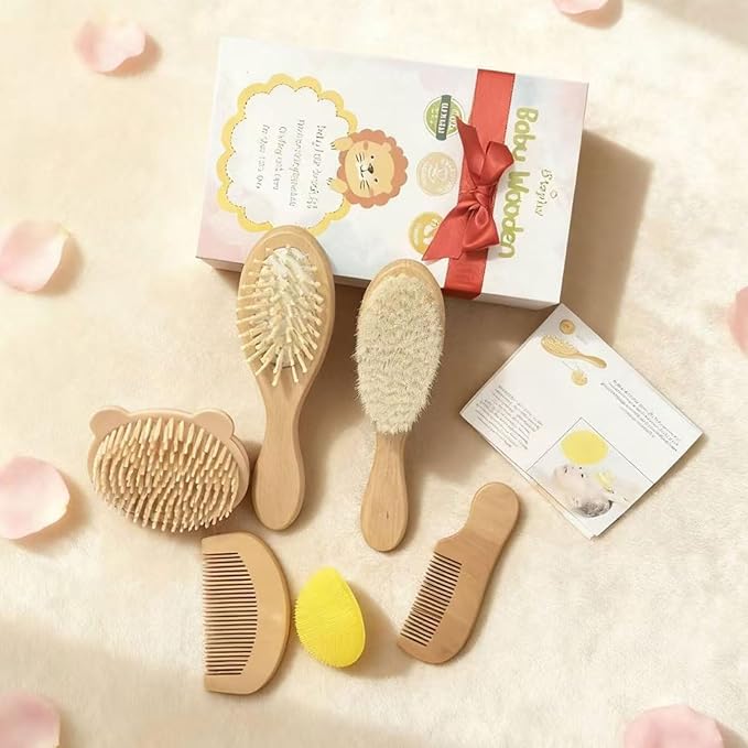 6 Piece Baby Hair Brush & Comb Set, Natural Bamboo & Goat Bristle for Cradle Cap Care, Newborn to Toddler Grooming Kit with Silicone Scrubbers for Scalp Massage