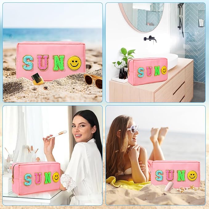 SOIDRAM Preppy Sun Makeup Bag Nylon Cosmetic Bag Stuff Makeup Pouch for Women Travel Toiletry Bag Organizer Cute Makeup Brushes Storage Bag with Chenille Letter Patches