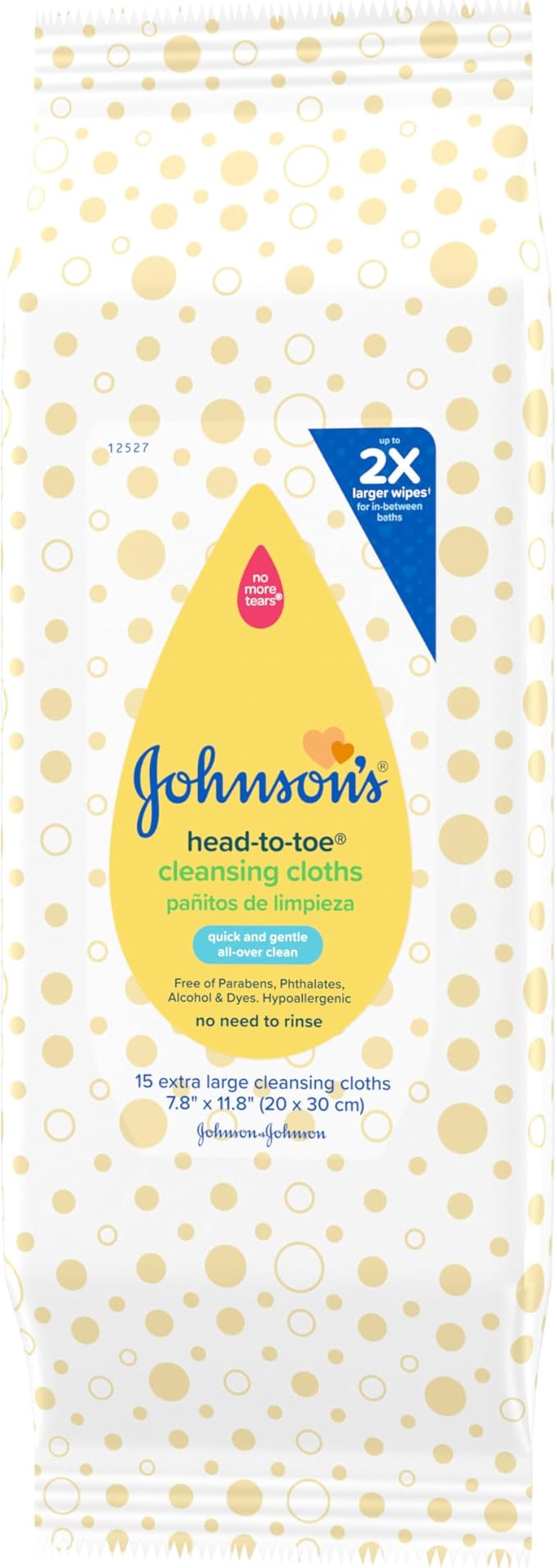 Johnson's Baby Head-to-Toe Gentle Cleansing Cloths, No Rinse, Disposable Pre-Moistened Baby Bath Wipes, Hypoallergenic Newborn Essentials, Head-to-toe Wipes, Paraben-Free 15 ct