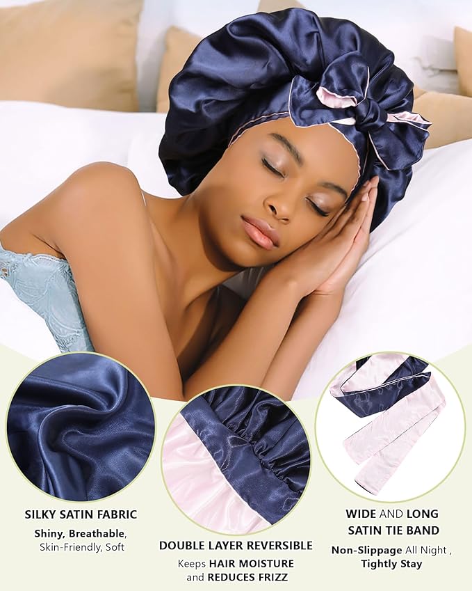 Satin Bonnet Silk Hair Wrap for Sleeping - Reversible Cap with Tie Band - Night Cap Double Layer for Curly Hair (Navy Blue + Pink)