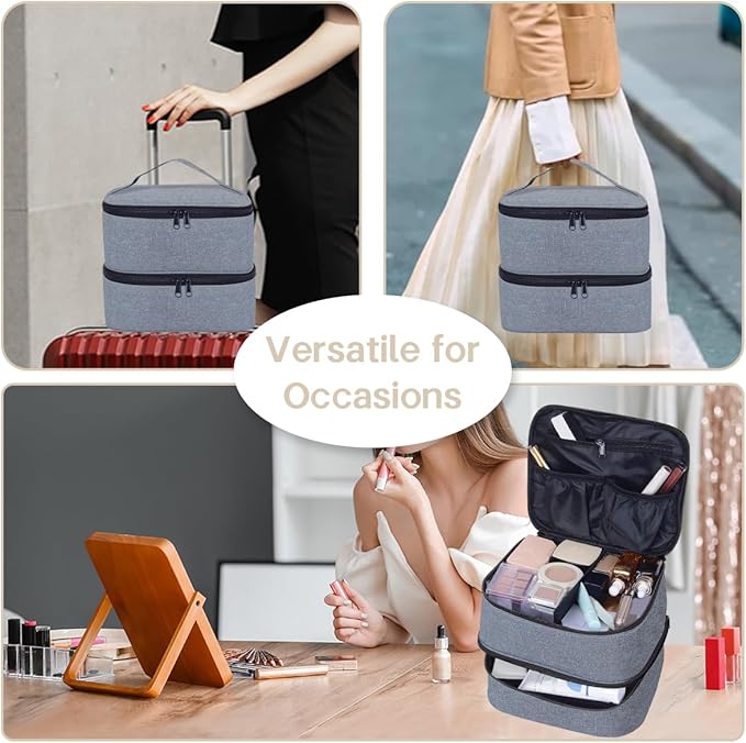Double Layer Makeup Bag Portable Large Cosmetic Case Organizer with Adjustable Dividers Storage Travel Bag for Accessories Brushes Conditioner and Skin Care Products (Grey)