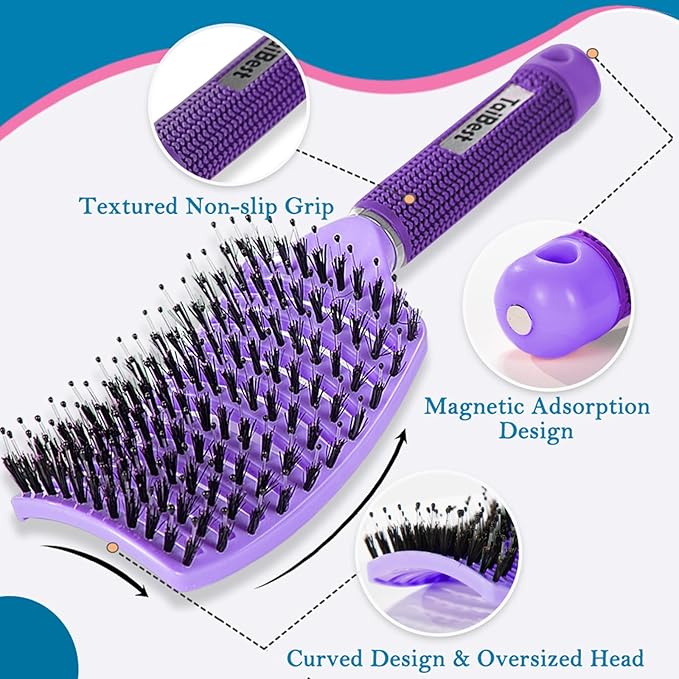 Boar Bristle Hair Brush Set - Dry/Wet Hair Brush Detangler for Fine, Thick, Curly Hair - Curved and Vented Brush for Women, Men or Kids (Purple & Rose Red)