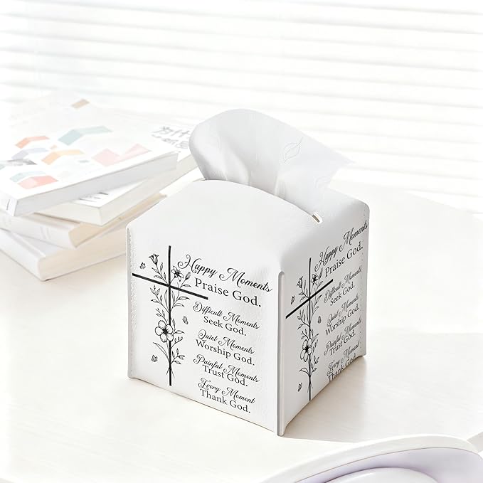 Christian Bible Verses Tissue Box Cover Square, Inspirational Quotes Waterproof Leather Tissue Box Holder, Cross Paper Facial Tissue Box Covers Cube for Office Bathroom Home Prayer Room Decor