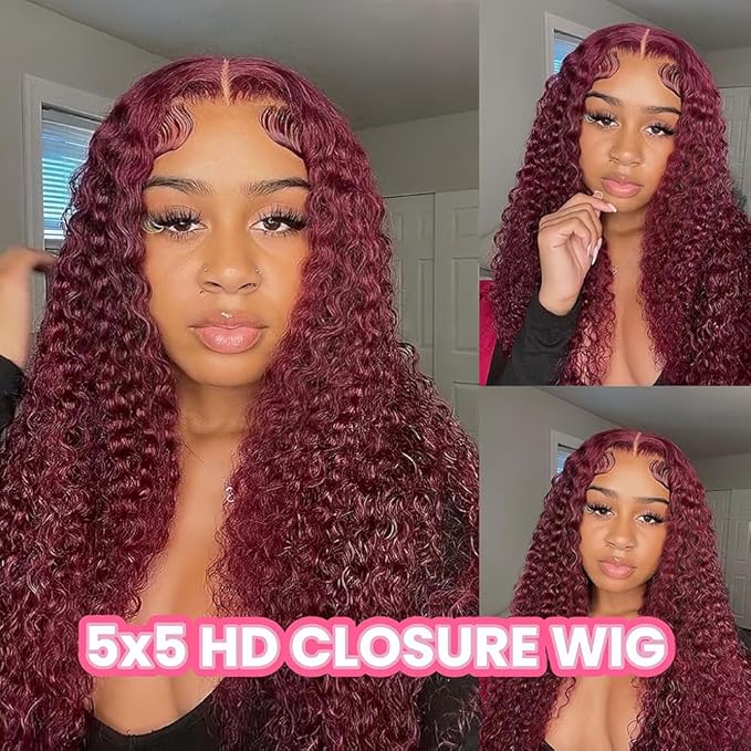 99j Burgundy Deep Wave Lace Front Wigs Human Hair Glueless Wigs Human Hair Pre Plucked Pre Cut 5X5 HD Lace Closure Wigs Curly 180% Density Lace Front Wigs for Black Women 28 Inch