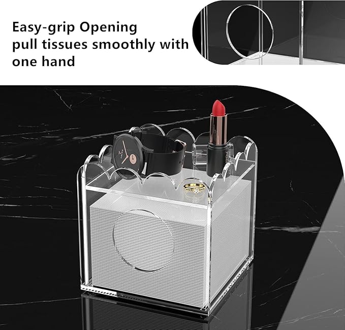 LUGUNU Acrylic Tissue Box Holder, Clear Square Tissue Box Cover with Storage Tray, Modern Decorative Tissue Holder for Living Room, Bathroom and Office, 5.5x5.5x5.5 Inch