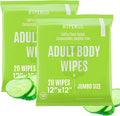 HyperGo XL Body Wipes for Women & Men – 12" x12" Rinse-Free Full Body Cleansing Wipes 2-20 Count Packs - Cucumber | Biodegradable, Hypoallergenic, Aloe-Infused | Gym, Festival, Camping Essentials