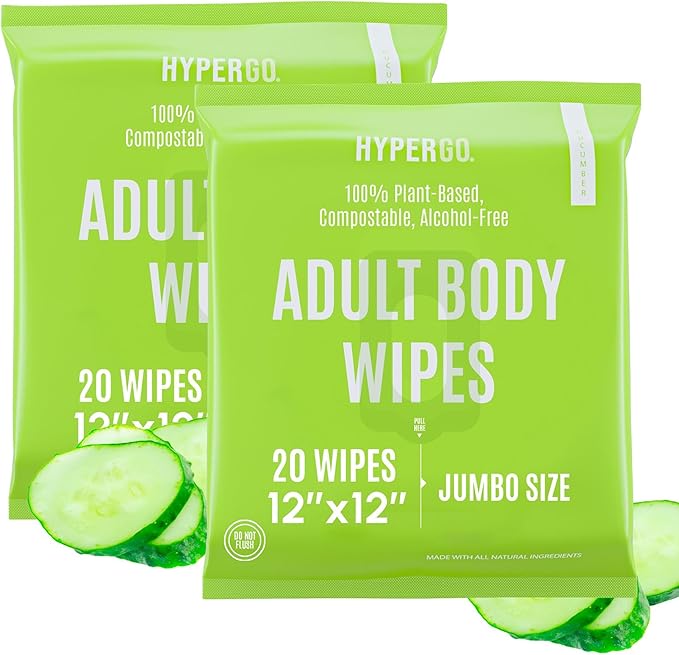 HyperGo XL Body Wipes for Women & Men – 12" x12" Rinse-Free Full Body Cleansing Wipes 2-20 Count Packs - Cucumber | Biodegradable, Hypoallergenic, Aloe-Infused | Gym, Festival, Camping Essentials