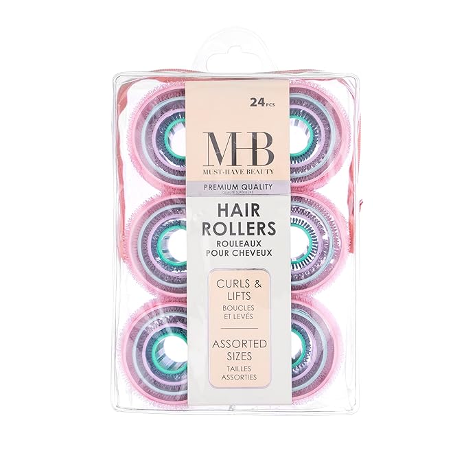 24pc Hair Rollers Collection - Pastel Colored Classic Hair Rollers for Curls & Lift, Self-Grip Velcro Hair Curlers for Women In Assorted Sizes
