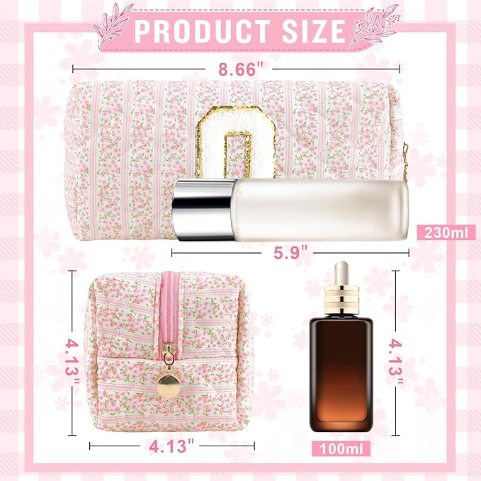 Personalized Quilted Cosmetic Bag, Puffy Monogrammed Christmas Birthday Gifts for Women & Girls, Cute initial Floral Makeup Bag Puffer Coquette Bag, Aesthetic Travel Toiletry Zipper Pouch(Pink,O)