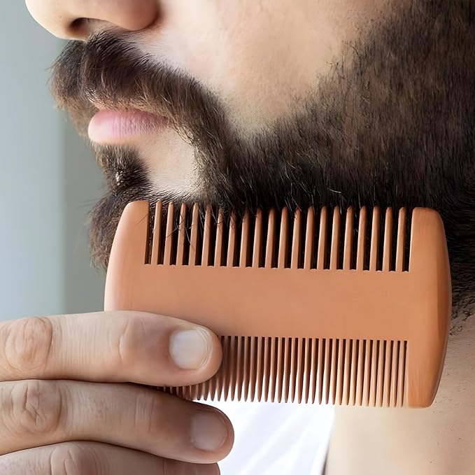 Wooden Beard Comb Kit, Dual Action Fine & Coarse Teeth, Wood Color and Black Pocket Comb for Beards & Mustaches & Hair Grooming Care (2 Pack)