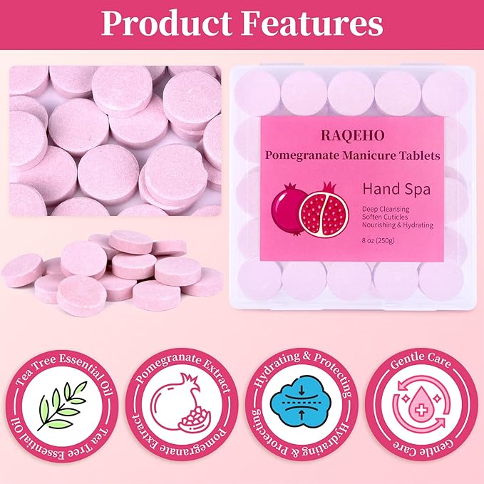 Manicure Spa Tablets 8oz -Pomegranate Soak Balls, Moisturizing Tablets, Cuticle Softener for Foot and Hand Soak Pedicure Spa Supplies Manicure Tools Nail Salon & Tavel Esenntial（40count）
