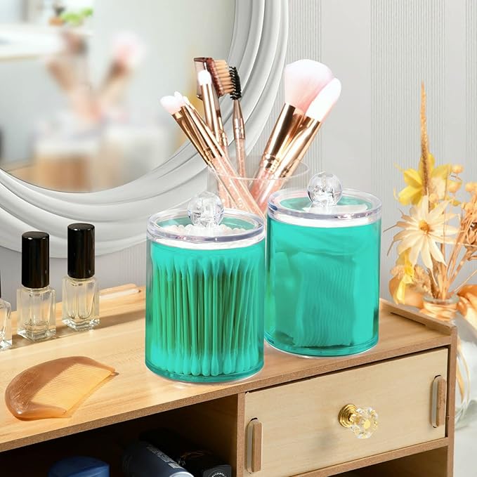 Turquoise Qtip Holder Organizer Dispenser Cotton Swabs Cans Plastic Jars with Lid Set 2 Pack Bathroom Storage Canister for Cotton Ball Floss Cotton Pads