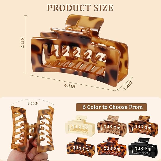 6 PCS 4.1 Inch Large Claw Clips for Thick Hair, Double Layer Teeth Tortoise Shell Rectangle Hair Clips for Hat,Strong Hold Square Big Claw Clip Non Slip Baseball Jaw Clips Hair Accessories