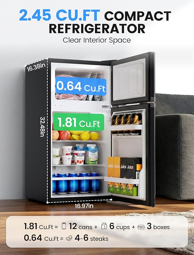 COWSAR 2.5 Cu.Ft Dorm Fridge with Freezer, Double Reversible Door Compact Refrigerator with 2 Removable Shelves, Commercial Drink Fridge for Bedroom, Office, Kitchen, Dorm, Black