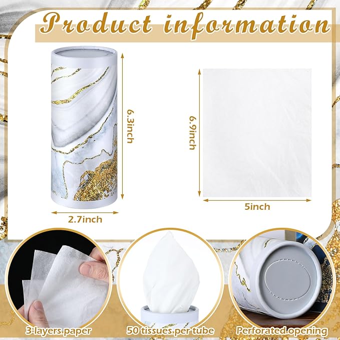 12 Pack Car Tissue Cylinder Holder Bulk with 3 Ply Facial Tissues, Round Napkin Holders for Car Cup Holder Cylinder Travel Paper Tubes Bulk Round Napkin Boxes Packs(Marble)
