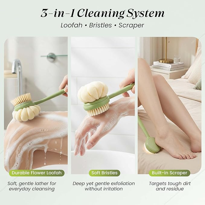 Back Scrubber for Shower with Long Handle (15.7”) – Dual-Sided Bath Brush with Loofah Sponge, Replaceable Heads, Easy Reach for Back & Body, Includes 2 Wall Hooks