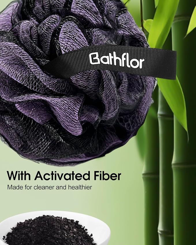 Shower Loofah Sponge Exfoliating Body Scrubber 80g, Charcoal Loofa for Women & Men Bath Wash: 1 Long Handle Back Brush Plus 4 Packs Extra Large 80g Soft Luffa Poufs, 1 Lufa Hook (Charcoal)