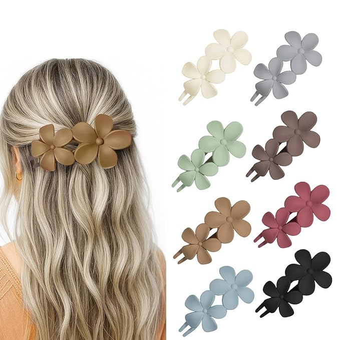 8PCS Flat Hair Claws Matte Non-Slip Clips for Women, Strong Hold Hair Accessories for All Hair Types, Daily Wedding Party Date Beach Use (Style2(Floral))