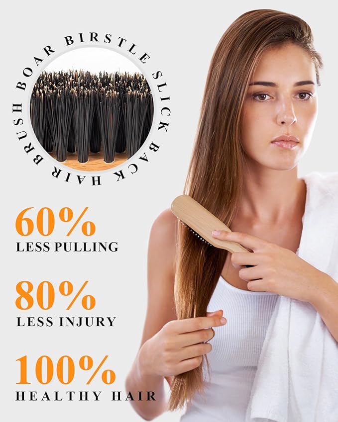 100% Boar Bristle Slick-Back Brush | Natural Wooden Styling Tool to Restore Shine & Frizz Control, Smooth Flyaways | Teasing to Add Volume | Perfect for Sleek Ponytails, Buns & Men's Beard Grooming
