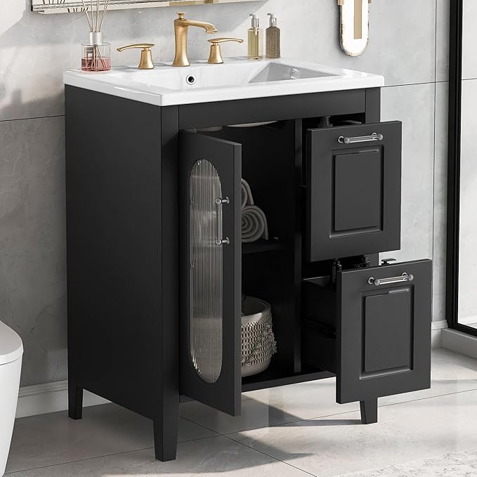 Harper & Bright Designs 24" Bathroom Vanity with Sink, Free Standing Single Basin Vanity Set with Two Drawers and Glass Door, Modern Wooden Bathroom Cabinet with Ceramic Basin for Bathroom, Black
