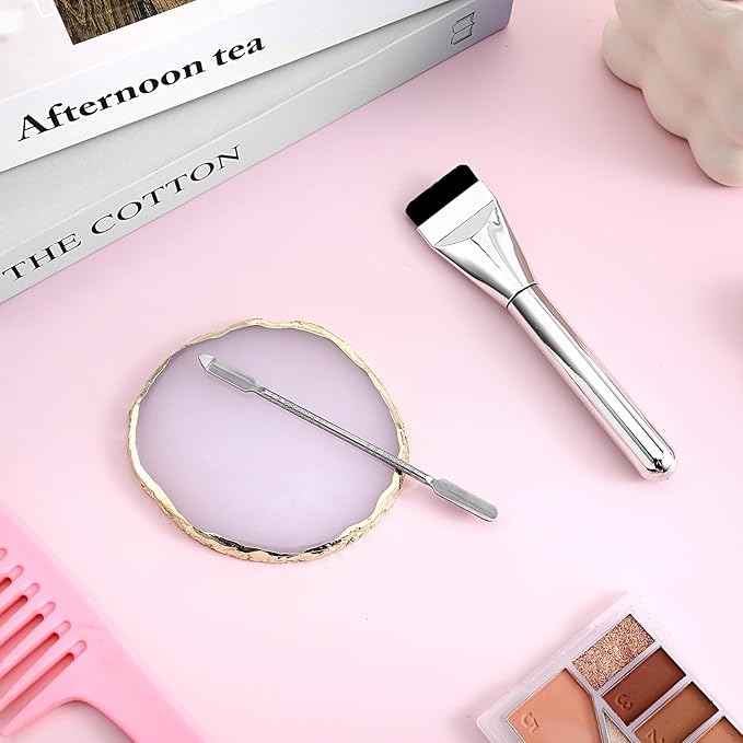 3PCS Resin Makeup Mixing Palette Set, Makeup Mixing Tray, Nail Polish Palette, Flat Foundation Brush and Spatula, DIY Gel Design Nails Eye Shadow Blending Art Tool Gold Edge